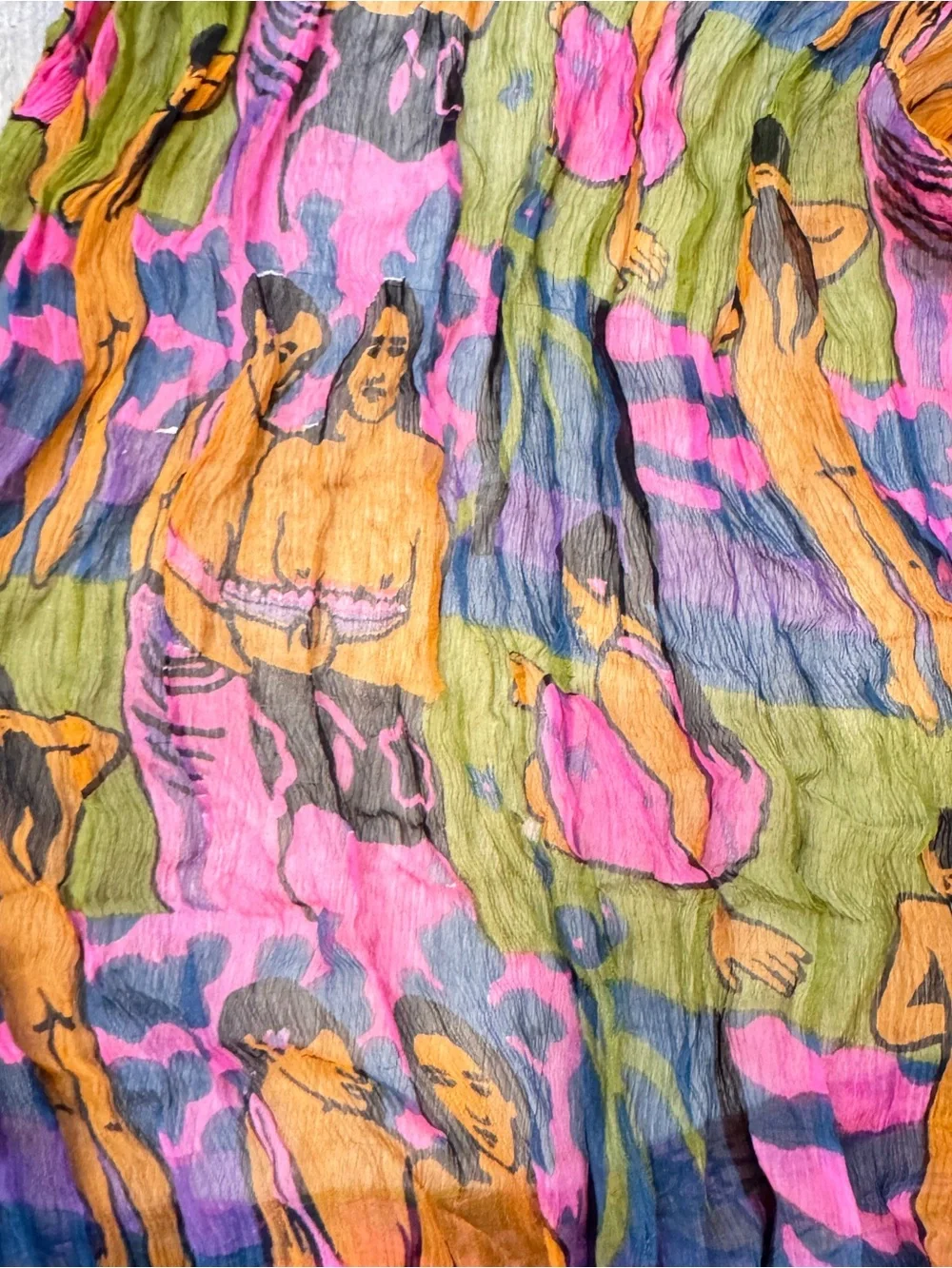 Colorful Crinkle Nude Figural Art Scarf 66”x20”Bold Abstract Vibrant Sheer